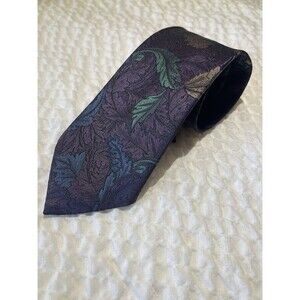 Oscar de La Renta Men's Vintage Tie Silk Blend Purple Green Leaf Pattern